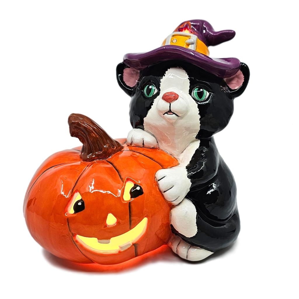Cat with Jack-O-Lantern Halloween Paint Your Own Pottery Bisque